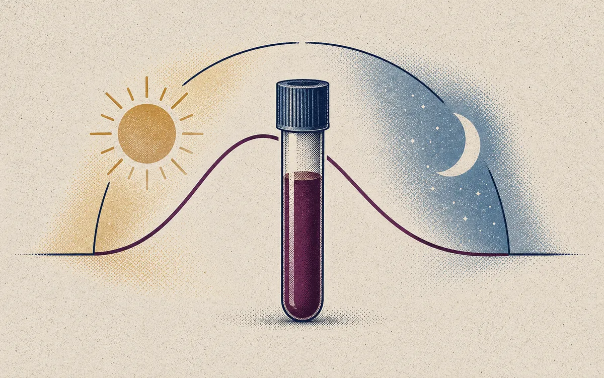 A blood tube in front of a day-to-night arc with a sun and a moon