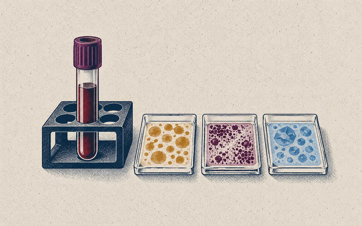 A blood sample beside three separate test trays