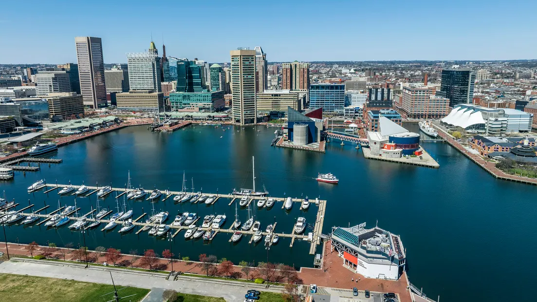 A marina on Baltimore's Inner Harbor, with downtown behind it